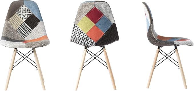 Fabulaxe Mid-Century Modern Upholstered Plastic Multicolor Fabric Patchwork DSW Shell Dining Chair with Wooden Dowel Eiffel Legs, Set of 4 - Image 6