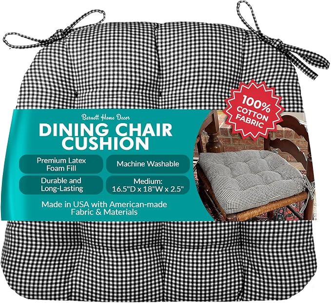 Barnett Home Decor Madrid Black Dining Chair Pad with Ties - Medium Size 18 Chair Cushion - Latex Foam Fill - Machine Washable, Reversible, 100% Cotton, Made in USA (Black White Gingham) by BarnettHomeDecor