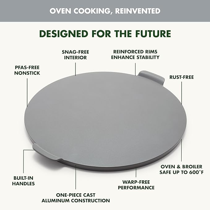 GreenPan Premiere Ovenware Healthy Ceramic Nonstick 16.5" Pizza Pan, PFAS-Free, Warp-Free Bakeware, Durable Quick Heating Baking Tray, Oven and Broiler Safe to 600F, Dishwasher Safe, Gray
