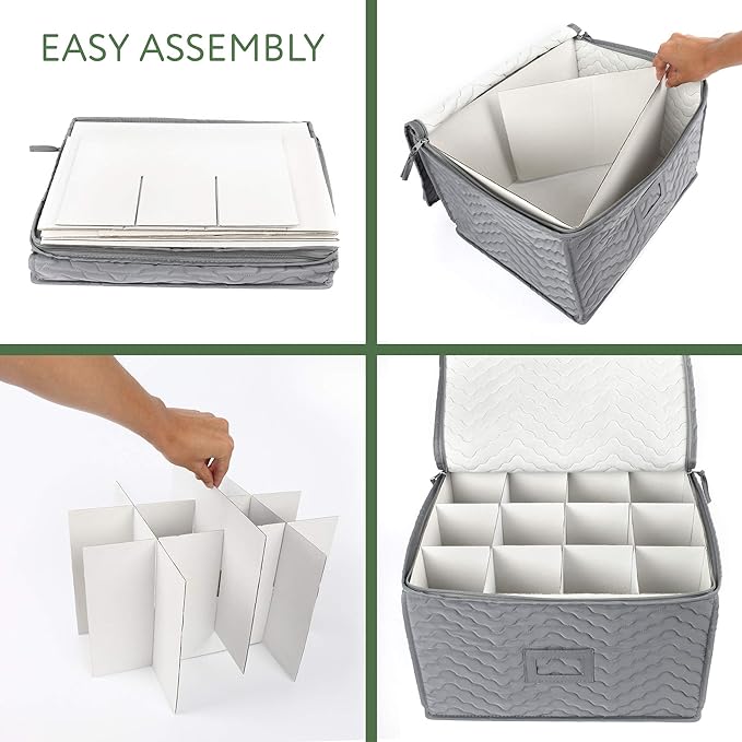LotFancy Stemware Storage Container - Deluxe Quilted Storage Case with Dividers for 12 - Wine Glasses, Champagne Flutes, Glassware, Drinkware Storage Box Chest, 15.5"x12.5"x 10", Gray - Image 7