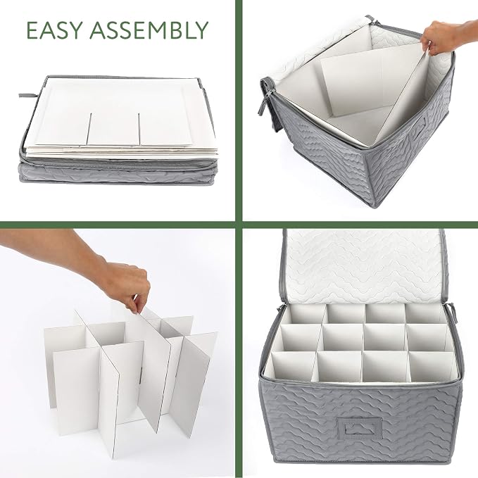 LotFancy China Storage Containers - Quilted 6-Piece Set Storage Box- Stores Chinaware, Stemware, Dinnerware, Dish Storage Service for 12, 48 Pcs Felt Protectors, Cardboard Dividers Included - Image 8