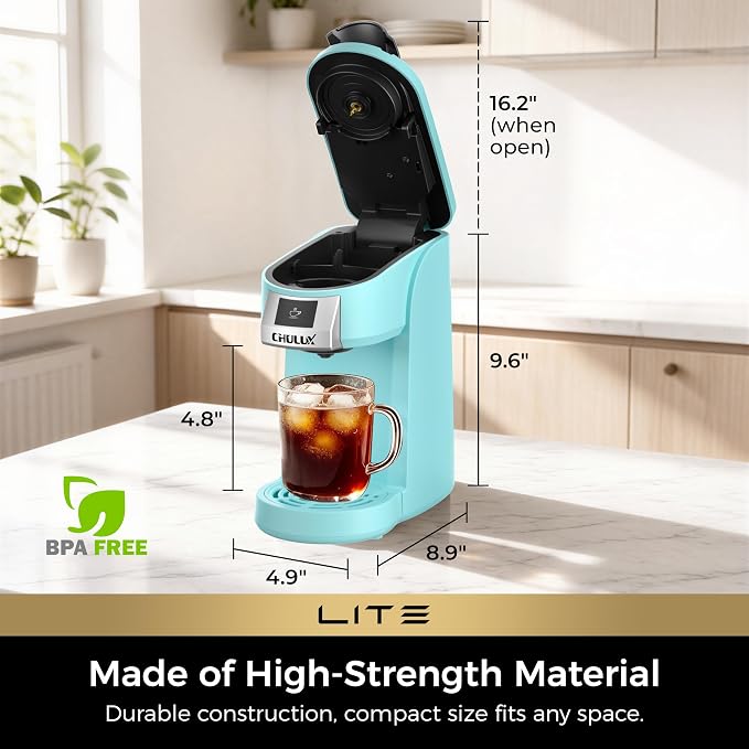 CHULUX Lite Single Serve Coffee Maker for K Cup with One Touch Brew, Cyan | Boiler Fast Heating System, Unique Split-Flow Nozzle, Designed for Standard Mugs, 5 to 12 oz Brew Sizes, Single Cup Reservoir - Image 7