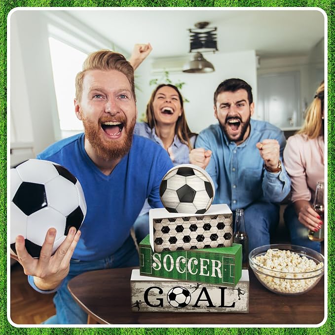 Moucuny 4 Pcs Soccer Party Decorations Soccer Table Centerpiece Football Tiered Tray Decor Wooden Ball Block Signs Gift Sports Themed Table Decorations for Boys Baby Shower Party Supplies Decor - Image 4