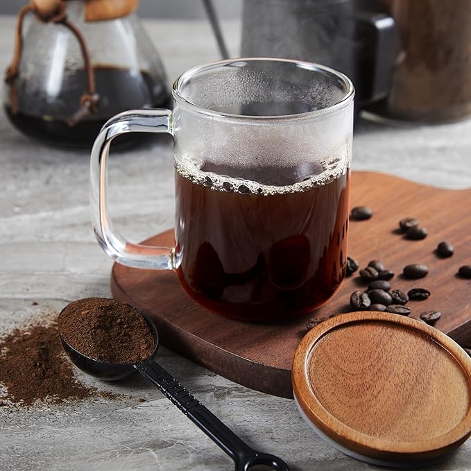 DRASTAR Glass Coffee Cups, 12 oz Clear Coffee Mugs, Flat Bottomed Cups with Acacia Wood Lid, Glass Tea Cup with Handle, Espresso Cappuccino Tea Cup Set of 2