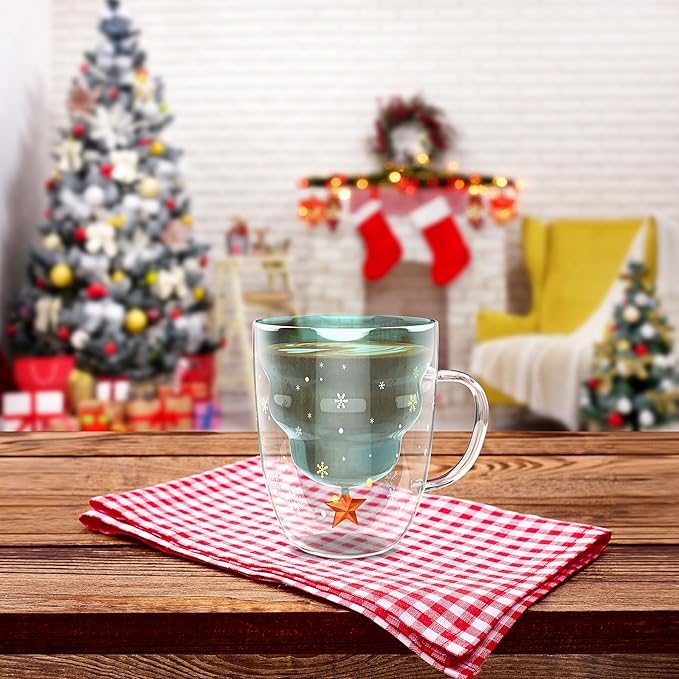 2 Pack Christmas Mugs, Double Walled Borosilicate glass mug set with Snowflake Lid, Cute Mugs for Hot Cocoa and Coffee, 300ml Christmas tree mugs Holiday Gifts for Family, Friend
