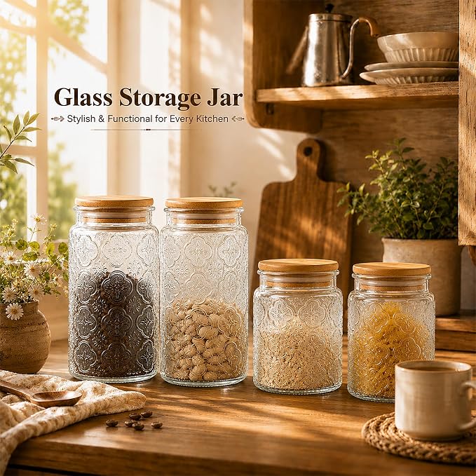 Glass Storage Jars With Airtight Lid, 35oz Canister For Kitchen Counter with Bamboo Lid, brown sugar, candy, coffee, cookie, salt, tea,pantry cute Jar (35oz Large Begonia Flowers) - Image 8