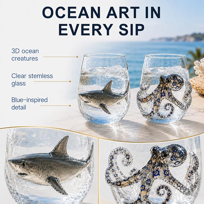 Coastal Stemless Wine Glasses Set of 4, 12oz 3D Ocean Animal Artisan Glassware Collection with Unique Sea Life Designs (I - Set of 2) - Image 2