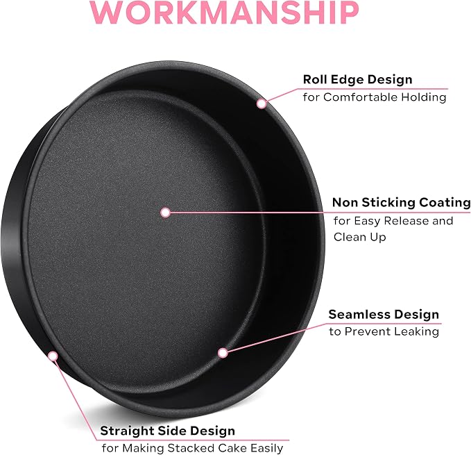 Herogo 8 Inch Cake Pan Set of 2, Stainless Steel Black Nonstick 3'' Deep Round Baking Pan, for Birthday Wedding Layer Cake Bakeware, Non Toxic, Oven & Dishwasher Safe - Image 5