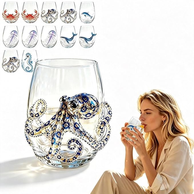 Novelty 3D Sculpted Ocean Life Stemless Wine Glasses, 12oz Embossed Sea Animal Glassware for Beverages, Premium Borosilicate Glass Beach Gifts (Octopus) by Unknown