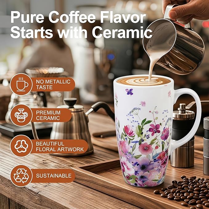 Topadorn 17oz Ceramic Travel Mug with Lid, Floral Coffee Mug with Handle | 17oz Ceramic Travel Mug • Floral Watercolor Design • Spill-Resistant Lid • Microwave & Dishwasher Safe • Gift Box - Image 2