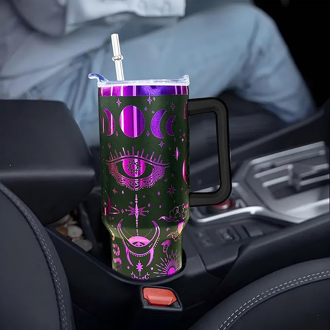40 oz Bohemia Laser Engraving Tumbler With Handle With Lid Straw Double Insulated Travel Coffee Cup Boho Travel Accessories Must Have Gifts For Women