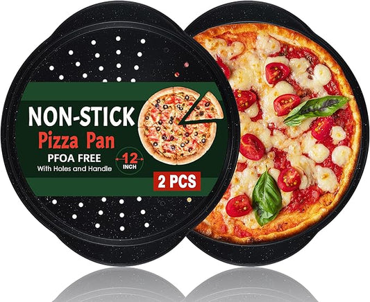 2P Non Stick Pizza Pans - 12” Round Pizza Tray with Holes and Handle, Carbon Steel Pizza Pan for Oven, Dishwasher Safe, PFOA Free