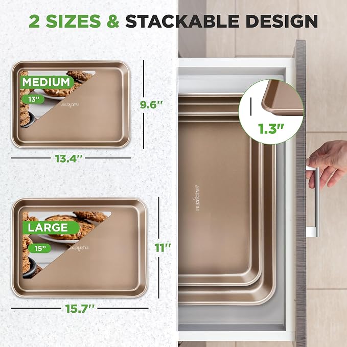 NutriChef 2-Piece Nonstick Stackable Cookie Sheet Set – Non-Toxic Carbon Steel Baking Pans – Heavy Duty, Warp-Resistant, Easy to Clean, Oven & Dishwasher Safe Bakeware - Image 3