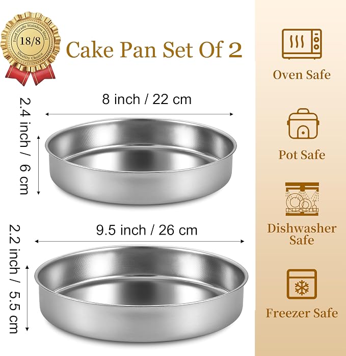 Inqibee 8-9.5 Inch Round Cake Pan Set, Stainless Steel Textured Bottom | Tri-ply Stainless Steel, Rolled Rim Layer Cake Bakeware, Oven & Dishwasher Safe, Healthy Non-Toxic for Birthday Wedding Cake - Image 4