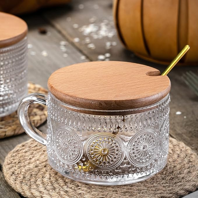Gezzeny Vintage Glass Coffee Mugs with Wooden Lids 14 Oz Set of 2 Embossed Tea Cups for Cappuccino, Latte,Cereal, Beverage Christmas Thanksgiving Day Gifts - Image 6