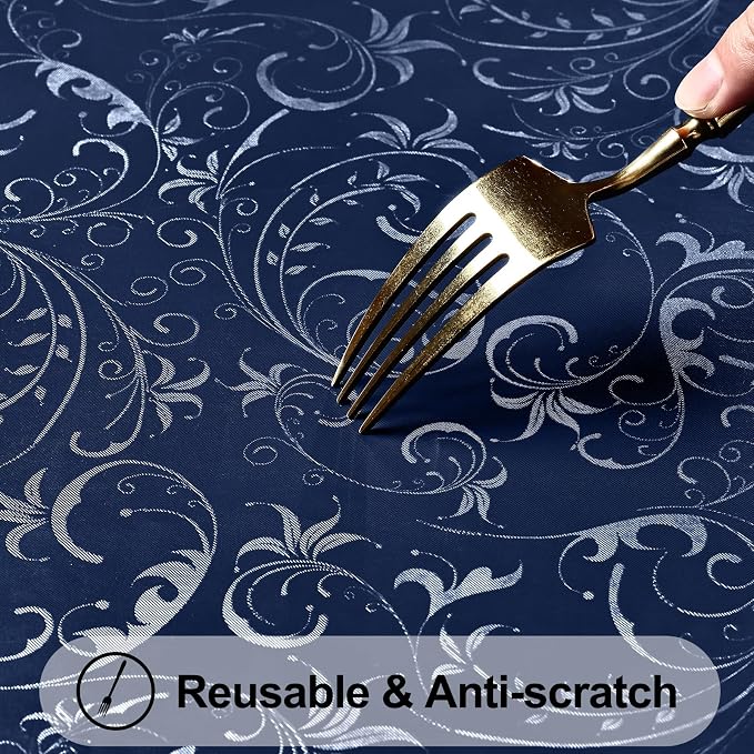Smiry Rectangle Waterproof Heavy Duty Vinyl Tablecloths, 60 x 120 Inch | Wipeable Washable Floral Embossed Table Cover for Kitchen and Dining Room, Indoor & Outdoor Use, Dark Blue - Image 4