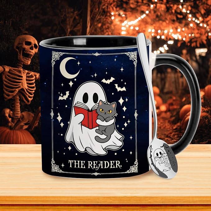 Hyturtle Cute Ghost with Cat Coffee Mug with Spoon for Halloween Birthday | Funny Ghost Tarot Gifts for Readers, Book Lover Mug, Book Club Gifts, Premium 11oz Ceramic Coffee Tea Cup, Double-sided print - Image 3