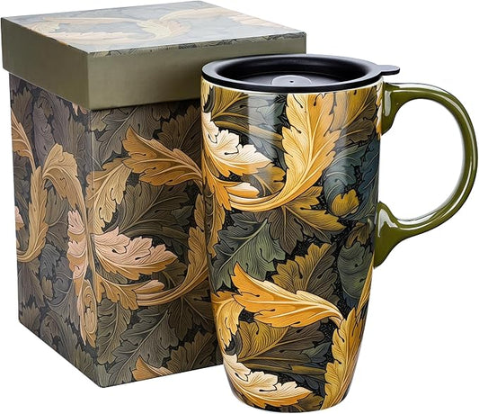 Topadorn 17oz Ceramic Travel Mug with Lid, William Morris Acanthus Leaf | Coffee Mug with Handle, Dark Gold Botanical Latte Cup, Microwave & Dishwasher Safe, Gift Box Included by Topadorn