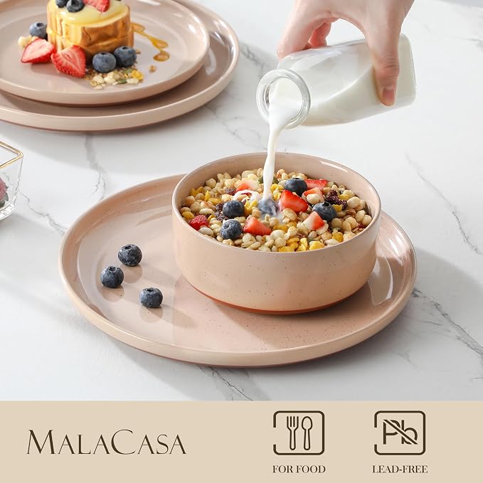 MALACASA Plates and Bowls Sets, 12 Pieces Modern Stoneware Dinnerware Set for 4 Kitchen Dinner Set Ceramic Dishware Dishes Set Microwave and Dishwasher Safe, Pink, Series TARA - Image 3