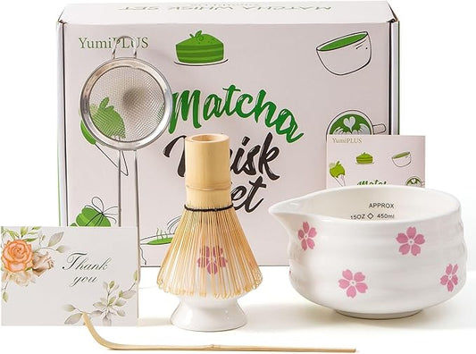 5pcs Premium Matcha Set,Ceramic Bowl with Spout and Bamboo Whisk set, Ceremonical Matcha Kit for breakfast/latte,Tea Starter Making Kit,Unique Matcha Gift set (sakura)