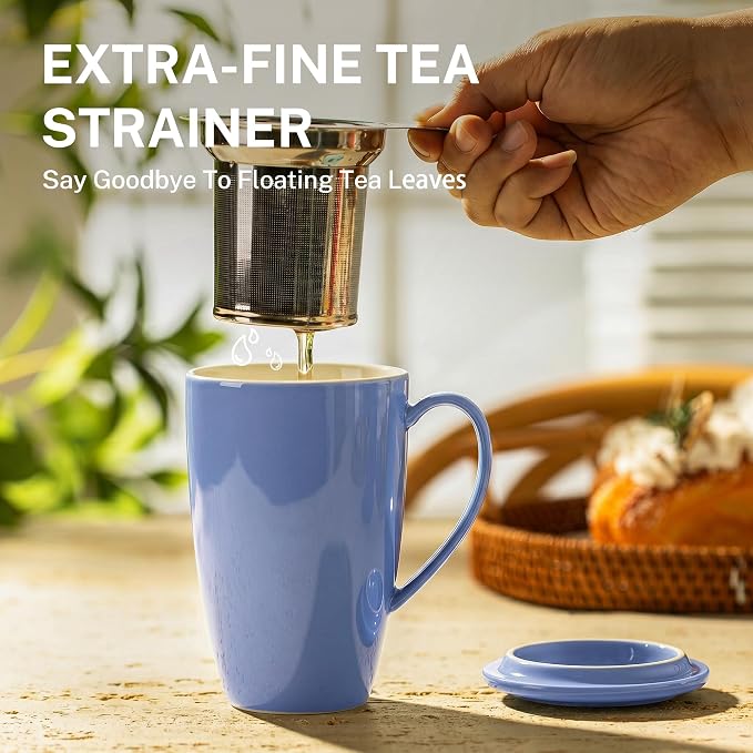 Sweese 15 OZ Porcelain Tea Mug with Infuser and Lid, Loose Leaf Tea Cup, Gifts for Tea Lover, Dusty Blue - Image 4