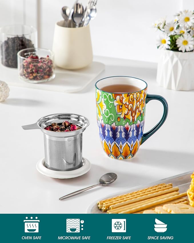 vancasso Ceramic Tea Mug with Infuser and Lid, 18 Ounce Bohemian Loose Leaf Cup, Microwave & Dishwasher Safe, Perfect for Tea, Coffee, Lime-Green Fiesta - Image 4