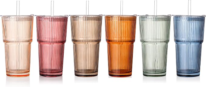 6PCS Ribbed Glass Cups with Lids and Straws, 20oz Vintage Drinking Glasses, Aesthetic Iced Coffee Cups, Glass Tumbler for Boba, Beer, Tea, Cocktails, Ribbed Glassware Set (Colored-6) by SIPBYSOP