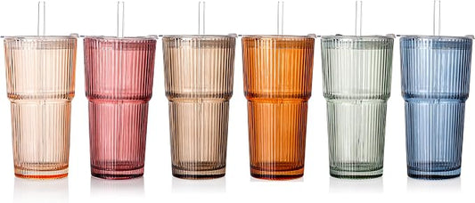 6PCS Ribbed Glass Cups with Lids and Straws, 20oz Vintage Drinking Glasses, Aesthetic Iced Coffee Cups, Glass Tumbler for Boba, Beer, Tea, Cocktails, Ribbed Glassware Set (Colored-6) by SIPBYSOP