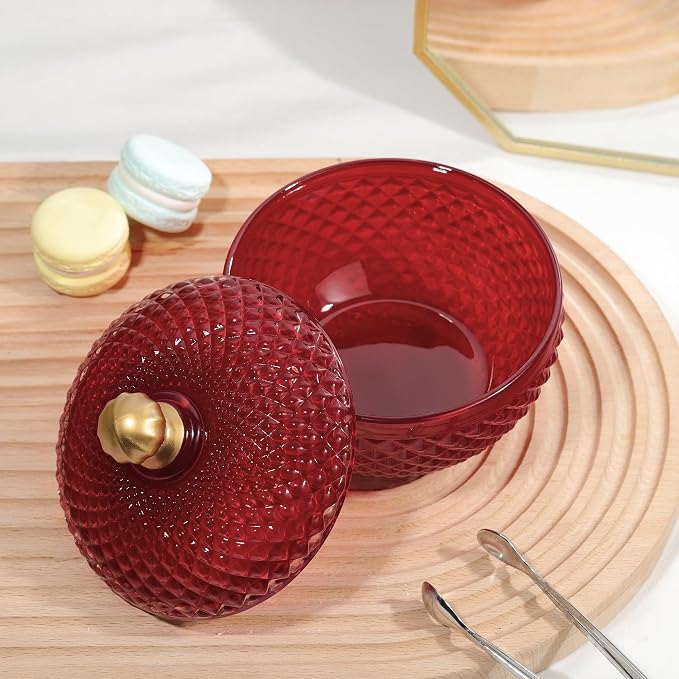 Joeyan 12 oz Small Red Glass Jewelry Box Jars with Lid,Embossed Glass Candy Dishes,Diamond Faceted Food Container,Decorative Apothecary Canisters,Colored Kitchen Bathroom Buffet Storage Organizer - Image 6