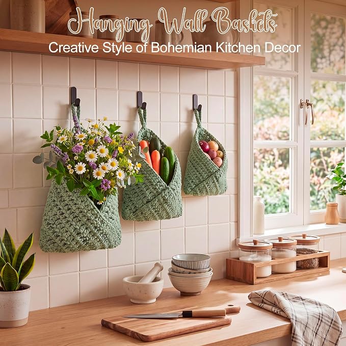 Honeydak Boho Decor Hanging Wall Baskets for Kitchen 3 Pack Teardrop Baskets with Hooks Storage Fruit Onion Vegetable Potato for Home 3 Sizes(Sage Green,Triangle,Cotton Rope) - Image 4