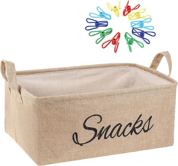 17 Pcs Snack Basket Sets, Snack Storage Bin for Pantry Shelves with 16 Pcs 2 Inch Chip Clips, Basket Organizer for Kitchen Home, Chips, Popcorn, Candy, Pretzels(Burlap,Khaki) by Newtay