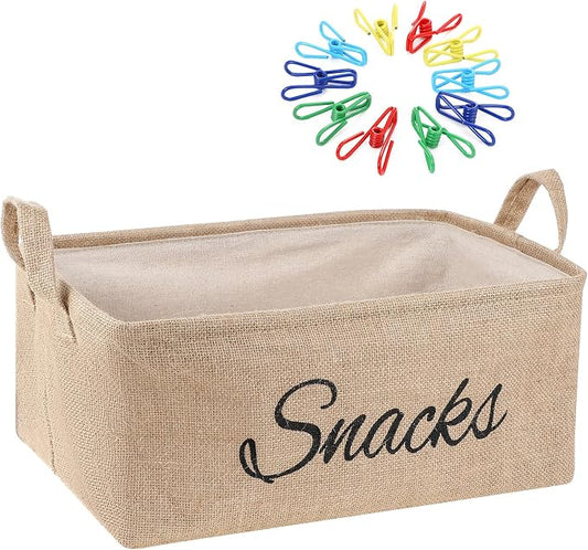 17 Pcs Snack Basket Sets, Snack Storage Bin for Pantry Shelves with 16 Pcs 2 Inch Chip Clips, Basket Organizer for Kitchen Home, Chips, Popcorn, Candy, Pretzels(Burlap,Khaki) by Newtay