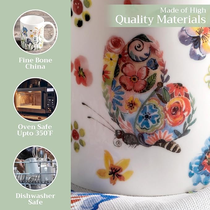 Maison d' Hermine Coffee Mug with Handles Tea Cups (15 Ounce, Pack of 1) | Fine Bone China Coffee Mugs for Hot Beverages Cappuccino Latte Home Spring Summer -Happy Florals - High Summer Butterfliess - Image 3