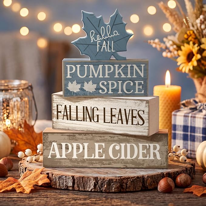 Moucuny 4 Pcs Fall Table Decoration Rustic Blue Maple Leaf Stacked Wooden Block Decor Thanksgiving Tiered Tray Decor Blue and White Maple Leaf Block Sign Gift Fall Centerpiece for Harvest Home Kitchen - Image 4