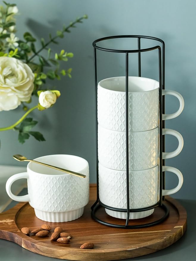 LYEOBOH Stackable Coffee Mugs with Rack, 13 oz Ceramic Coffee Mug Set of 4 with Stand, Latte Cup with Spoon, Cappuccino Cups for Hot Cocoa, Milk, White - Image 3