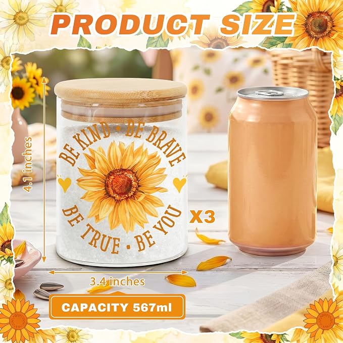 Sunflower Glass Storage Jars with Lids, Candy Cookie Jars, 3 Pcs | Sunflower Inspirational Candy Jars Summer Floral Motivational Kitchen Decor Canister Yellow Floral Kitchen Containers Set - Image 3