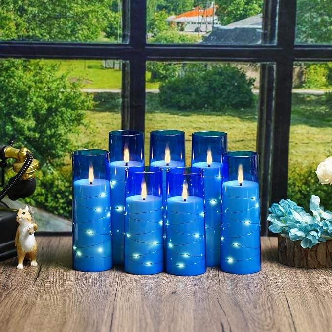 Sasigeiaa Flameless Candles with Embedded Star String - Battery Operated LED Candles, with Remote,12 Blue Flickering Candles for Christmas, Weddings, Home Decor & Party,(D 2.3"×H 5" 6" 7") - Image 5