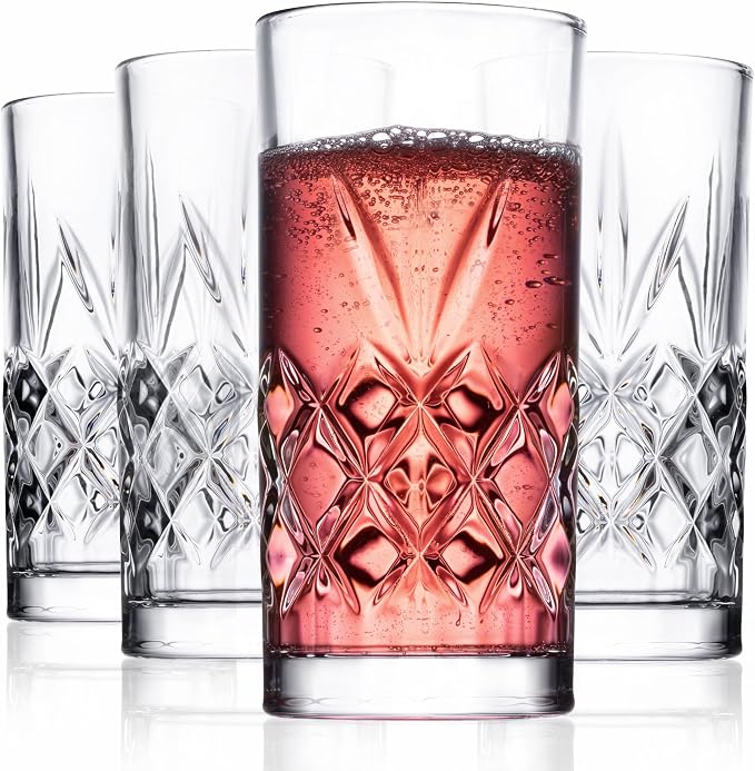 Royalty Art Kinsley Tall Highball Glasses, Set of 4, 12 oz | Textured designer glassware, water, beer, soda, trendy elegant dishware, dishwasher safe by RoyaltyArt