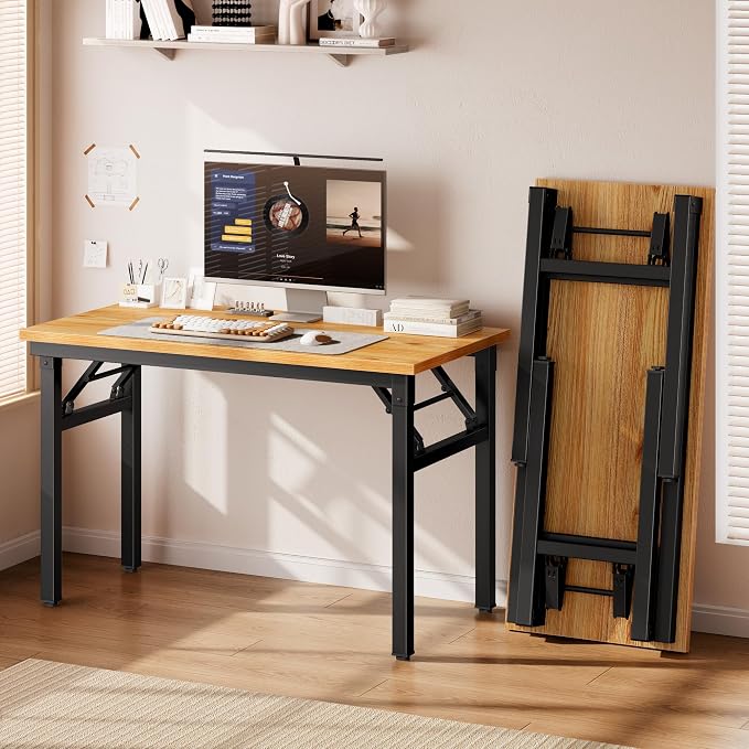 DlandHome 35.8 Inch Small Folding Computer Desk for Home Office, Teak Black | Foldable Writing Table for Small Spaces Bedroom, No Assembly Required, Wood Top Metal Frame, Collapsible Compact Easy Storage - Image 5