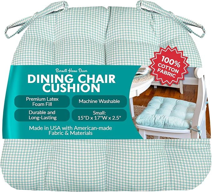 Barnett Home Decor Madrid Aqua Dining Chair Pad with Ties - 15 x 17 Size Small Chair Cushion - Latex Foam Fill - Machine Washable, Reversible, 100% Cotton, Made in USA (Turquoise Gingham Check) by BarnettHomeDecor