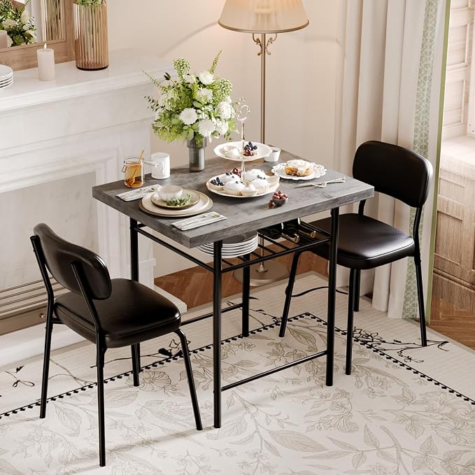 VINGLI Dining Table Set for 2, Small Kitchen Table Set with Upholstered Chairs, 3-Piece Dining Set with Storage Rack, Wood Dining Room Set with Metal Legs for Small Spaces, Living Room, Grey - Image 7
