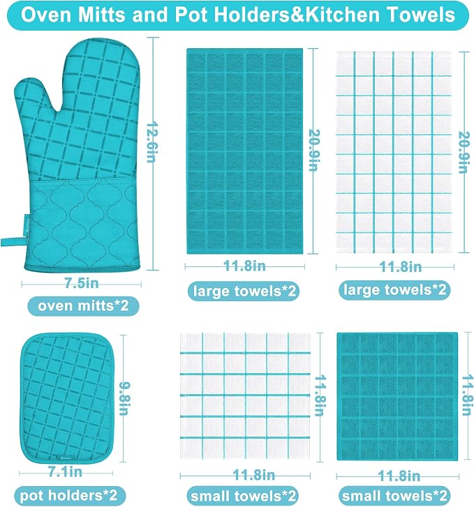 Oven Mitts Kitchen Towels and Dishcloths Pot Holders Sets, Oven Gloves Kitchen Dish Towels 500 Degree Heat Resistant Potholders with Non-Slip Silicone Surface for Cooking, Grilling, Baking-Blue - Image 2
