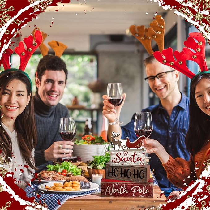 Moucuny 4 Pcs Reindeer Christmas Table Decor Wooden Reindeer Christmas Tiered Tray Decor Xmas Centerpiece Decorative Red Deer Pulled Sleigh Block Signs Gift Farmhouse Xmas Decoration for Home Kitchen - Image 3