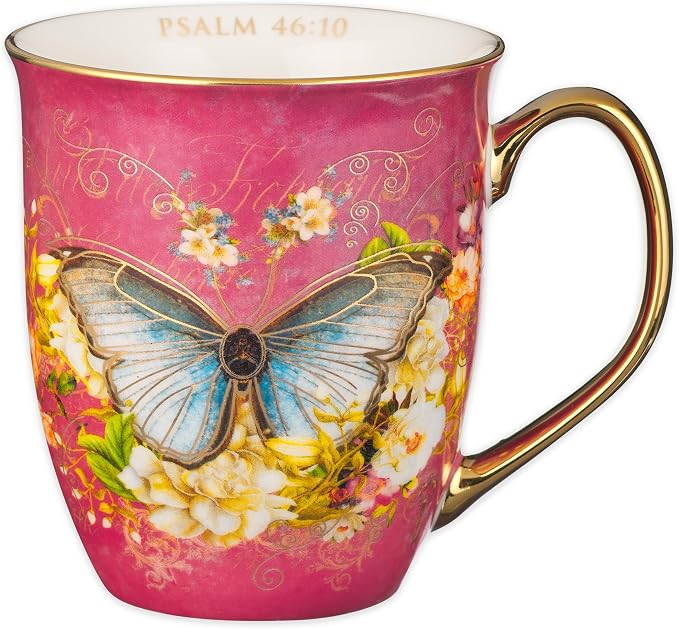 Christian Art Gifts Pink Butterfly Ceramic Coffee Mug with Gold Accents – 14 oz. Lead and Cadmium-free Inspirational Scripture Coffee and Tea Mug for Women with Bible Verse: Be Still – Psalm 46:10 by ChristianArtGifts