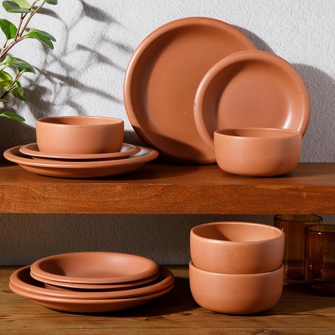 Bloomhouse - Two Time Oprah's Favorite Things Winner - Corsica Clay 12-Piece Stoneware Rustic Reactive Glaze Dinnerware Set - Stackable Plates Bowls Set Service for 4 - Matte Burnt Apricot Terracotta - Image 5