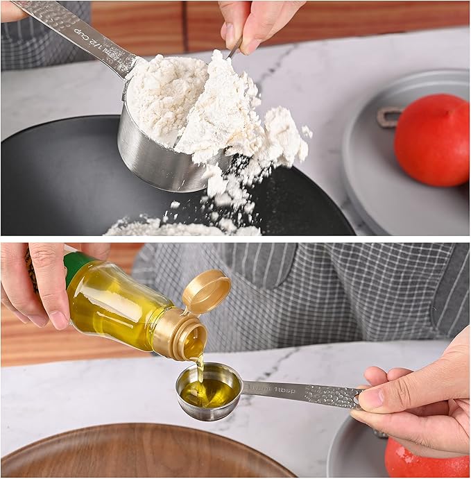 18/8 Stainless Steel Measuring Cups and Spoons Set 14 for Baking & Kitchen, Metric & US Metal 6 Measuring Cups and 7 Measuring Spoons with 1 Leveler