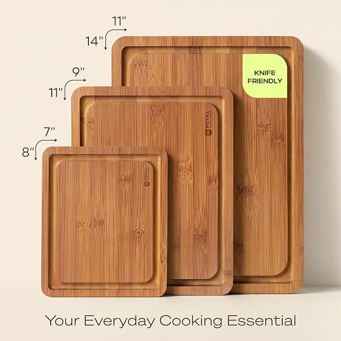 ROYAL CRAFT WOOD Wooden Cutting Boards for Kitchen Meal Prep & Serving - Bamboo Non Toxic Cutting Board Set with Deep Juice Groove Side Handles - Charcuterie & Chopping Butcher Block for Meat (3 Pcs) - Image 3