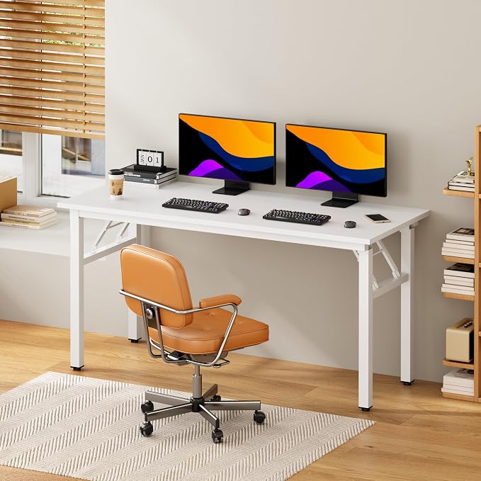 DlandHome 59.8 Inch Large Folding Computer Desk, Fully Assembled, White | Foldable Writing Table, Portable Activity Conference Table for Home Office, Wood Top Metal Frame, Collapsible Easy Storage - Image 2