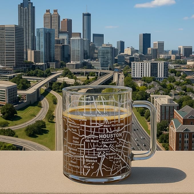 Greenline Goods – Houston, TX Map Glass Coffee Mugs (Set of 2), 16 oz – Etched Wrap Design