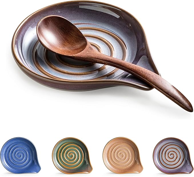 Spoon Rest, Ceramic Spoon Holder with Deep Drip Tray for Stove Top | Cooking Utensil Holder for Counter, with Handle for Easy Hold | Coffee Spoon Rest, Heat-Resistant Dishwasher Safe, Purple by Cormomu